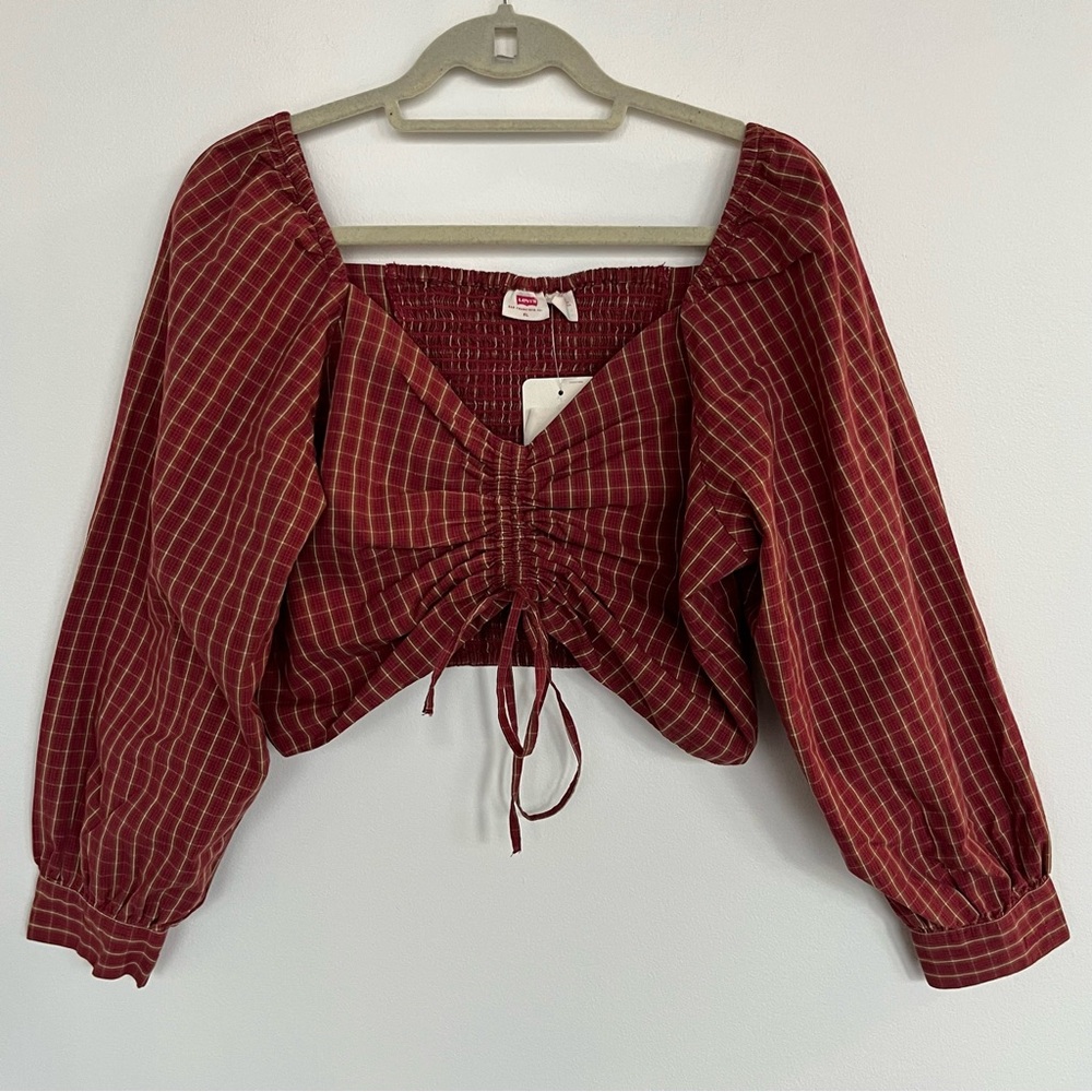 Levi's Women's Long Sleeve The Statement Blouse Slim Crop Top Plaid Size XL